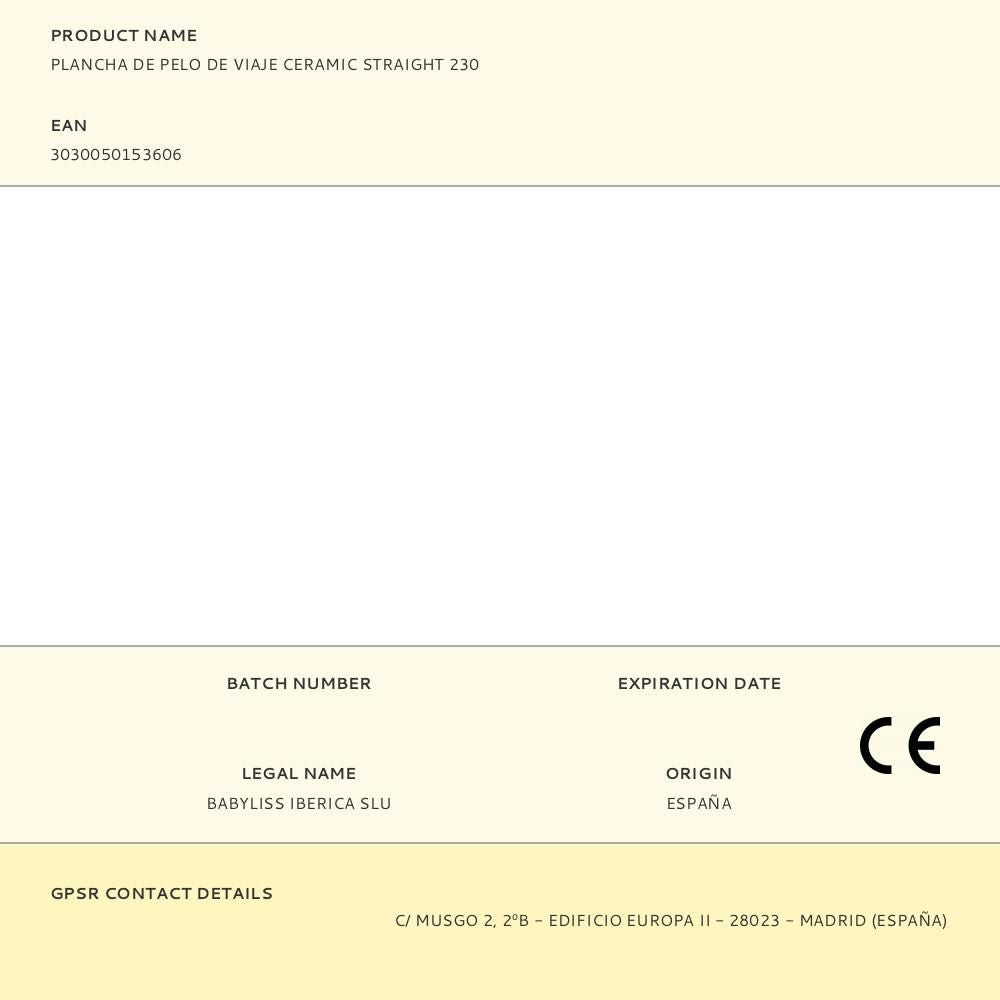 Plancha de pelo de viaje ceramic straight 230