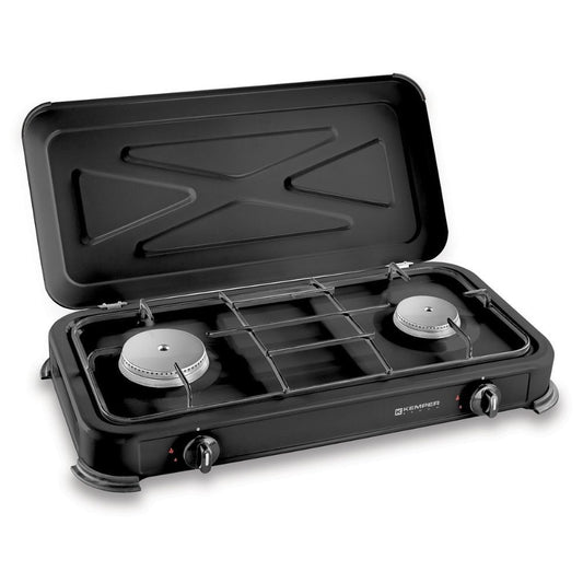 Cocina de gas butano/propano esmaltada 2 quemadores, negra, 570 x 300 x 65 mm