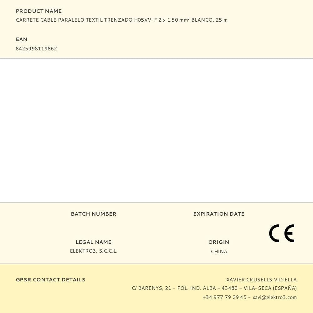 Carrete cable paralelo textil trenzado h05vv-f 2 x 1,50 mm² blanco, 25 m