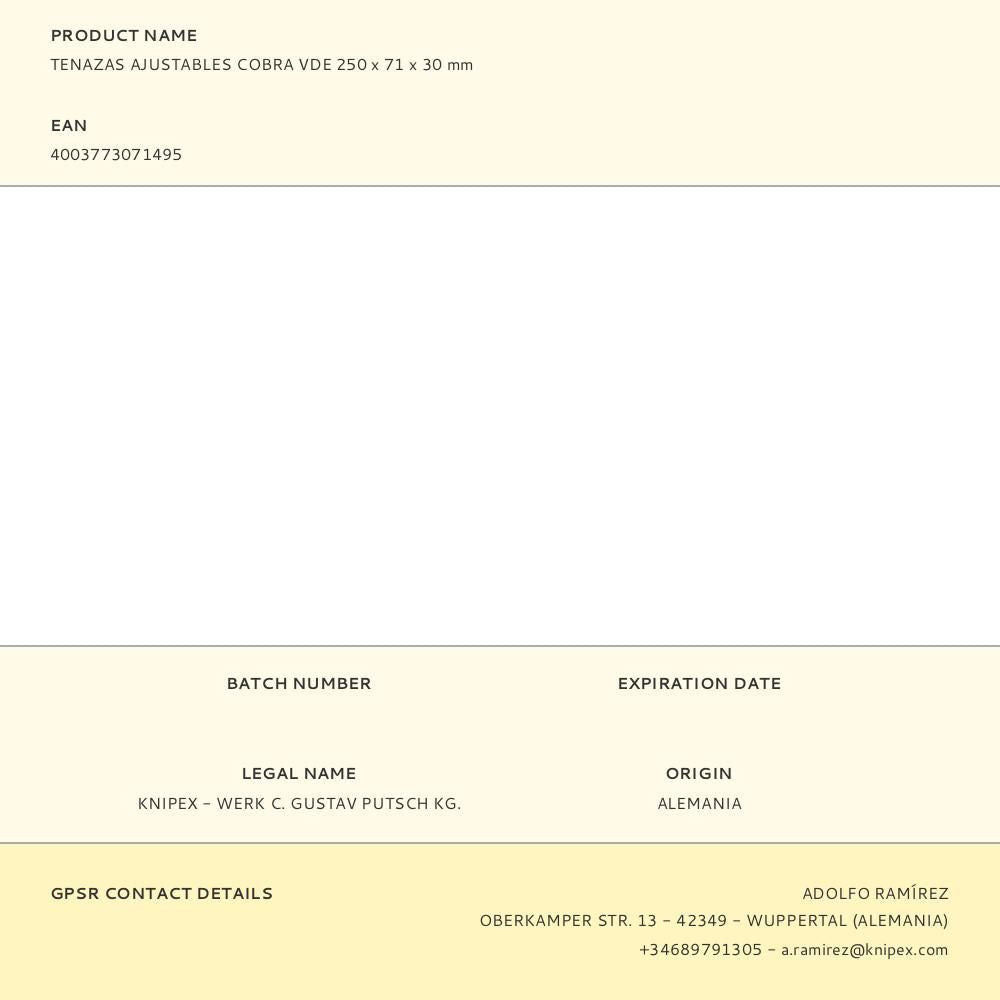 Tenazas ajustables cobra® vde 250 x 71 x 30 mm