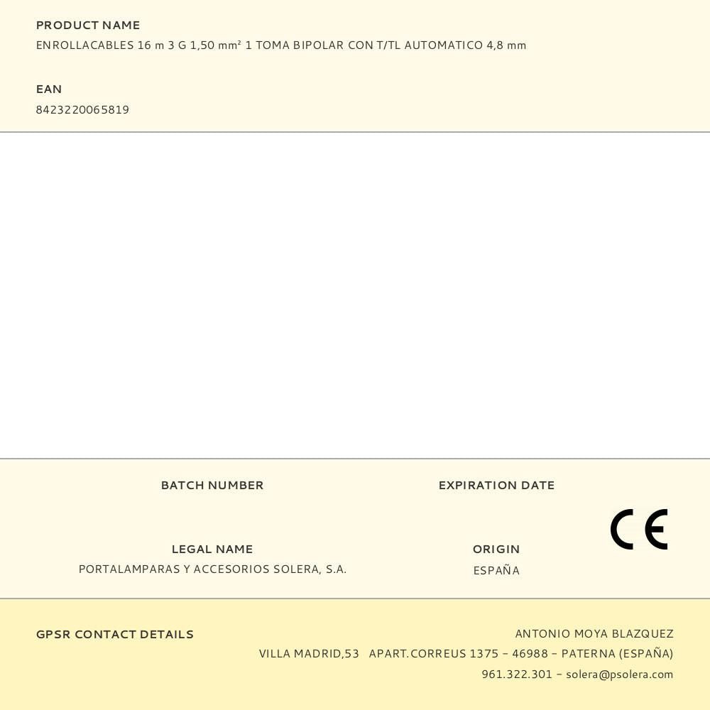 Enrollacables 16 m 3 g 1,50 mm² 1 toma bipolar con t/tl automatico 4,8 mm