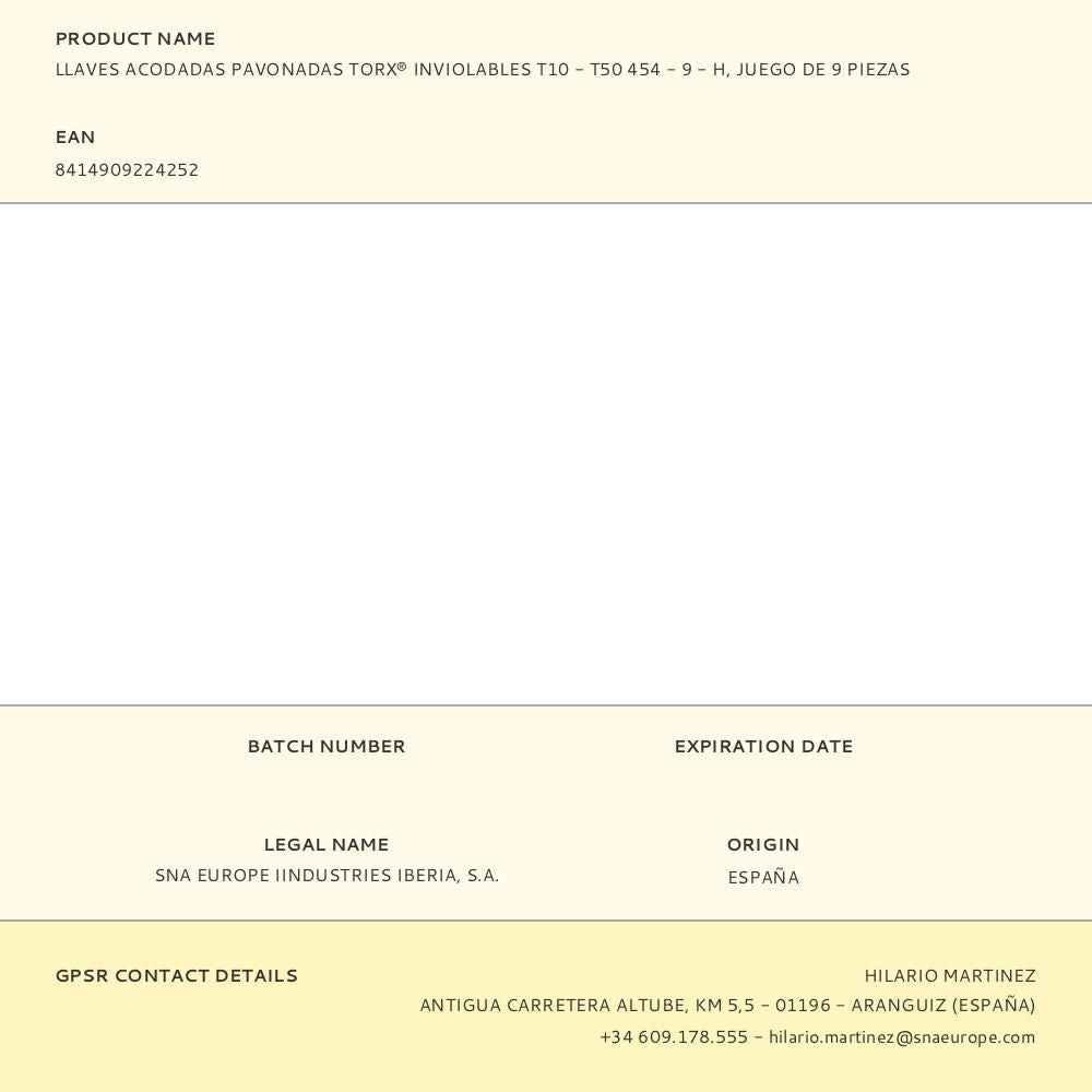 Llaves acodadas pavonadas torx® inviolables t10 - t50 454 - 9 - h, juego de 9 piezas