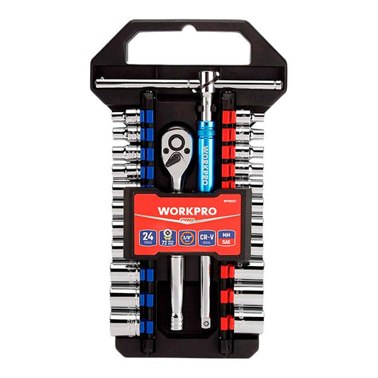 Llave de carraca y vasos 3/8 pulg, juego 24 piezas, métrico-sae