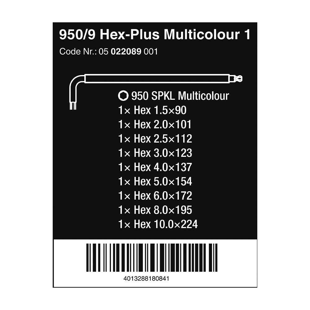 Llaves hexagonales acodadas métricas multicolor, juego 9 piezas