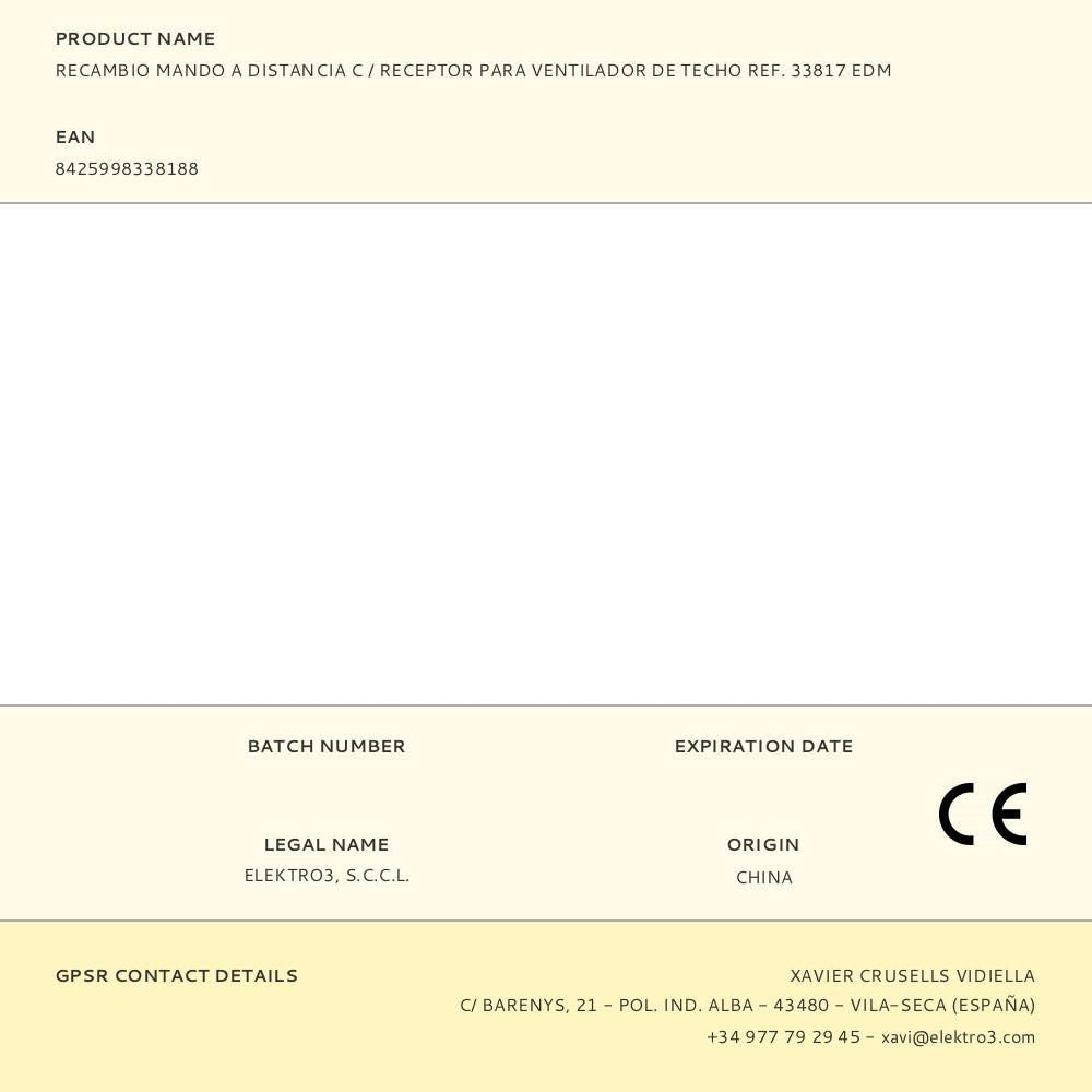 Recambio mando a distancia c / receptor para ventilador de techo ref. 33817 edm