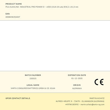 Pila alkalina industrial pro power d - lr20 (caja 20 uds) ø34,2 x 61,5 mm