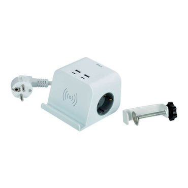 Base combiflat 2 tomas schuko 16a 250 v ~ + 2 usb a + 2 usb c + carga inalámbrica con soporte y fijación blanca