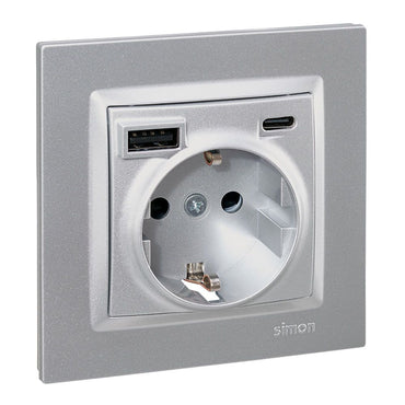 Base enchufe schuko + usb a + c 10,5 w 16 a 250 v~, simon 10, aluminio