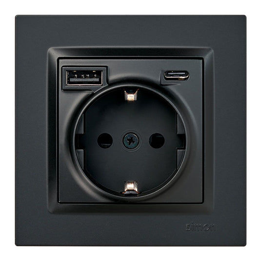 Base enchufe schuko + usb a + c 10,5 w 16 a 250 v~, simon 10, negro