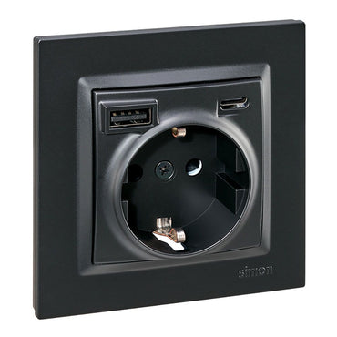 Base enchufe schuko + usb a + c 10,5 w 16 a 250 v~, simon 10, negro