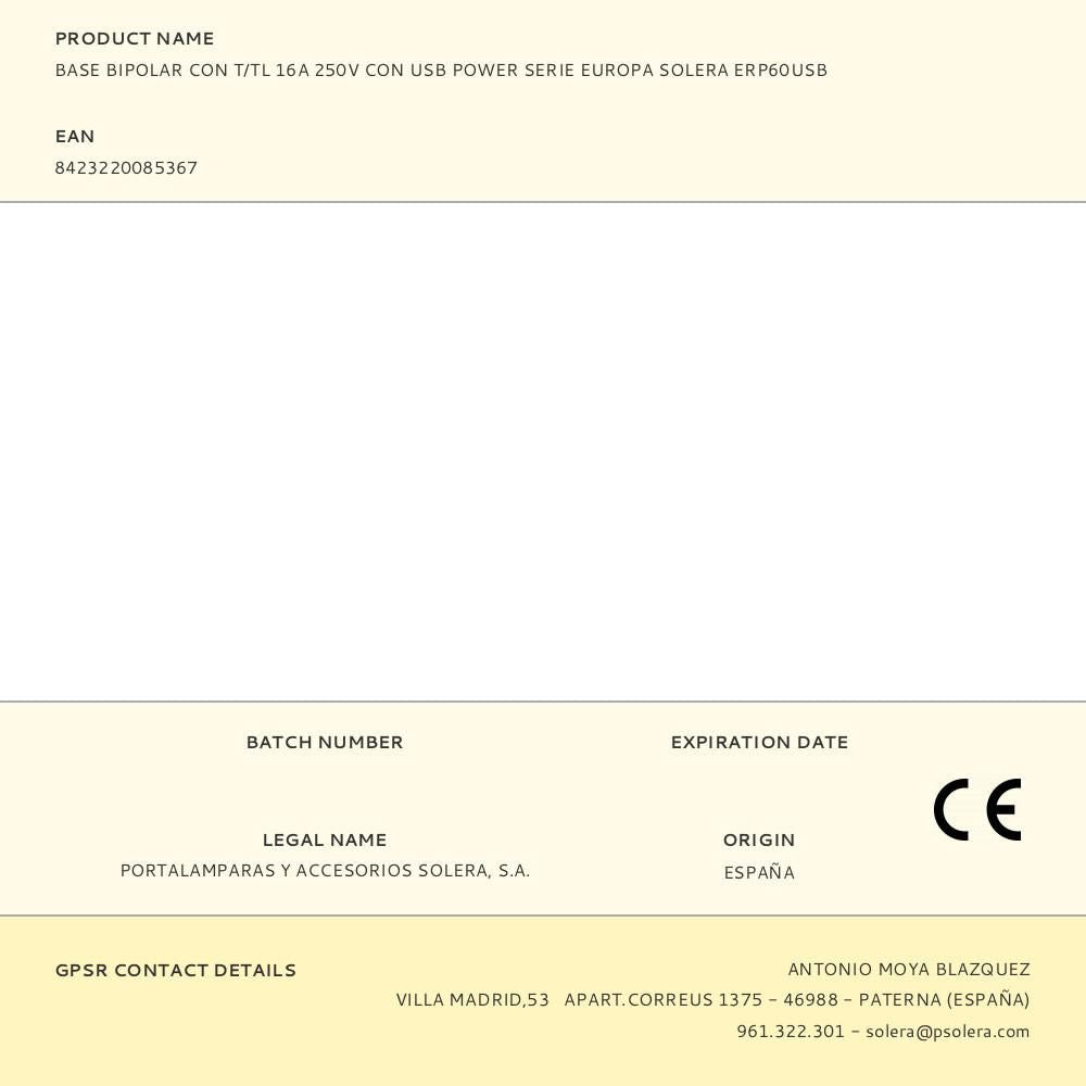 Base bipolar con t/tl 16a 250v con usb power serie europa solera erp60usb