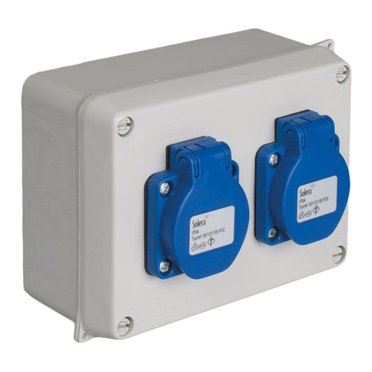 Caja estanca montada 153 x 100 x 65 mm con 2 bases tipo f 2p+t, 16a, 250v~, ip54