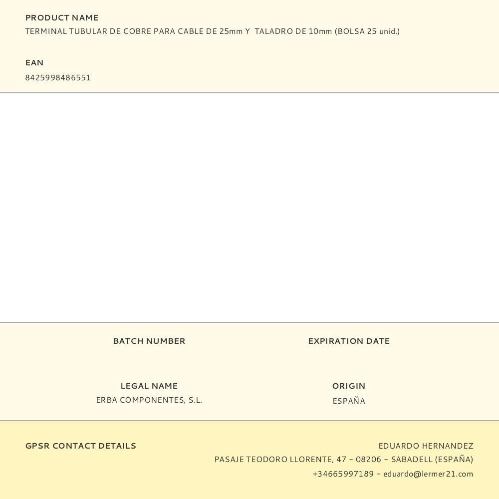 Terminal tubular de cobre para cable de 25 mm y taladro de 10 mm, bolsa 25 uds