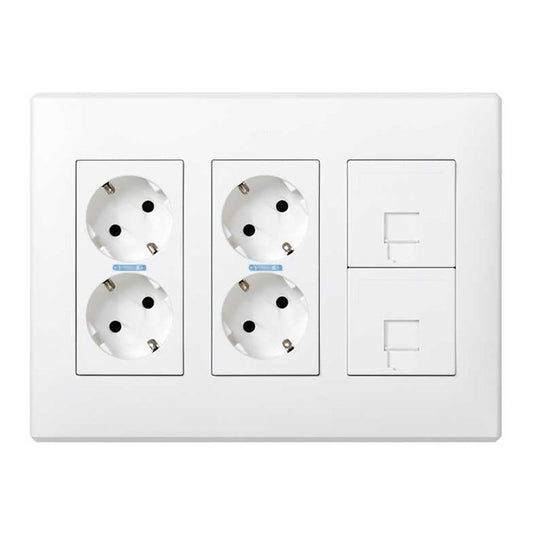 Caja con 4 schuko + 2 rj45, 500 cima superficie o empotrar blanca