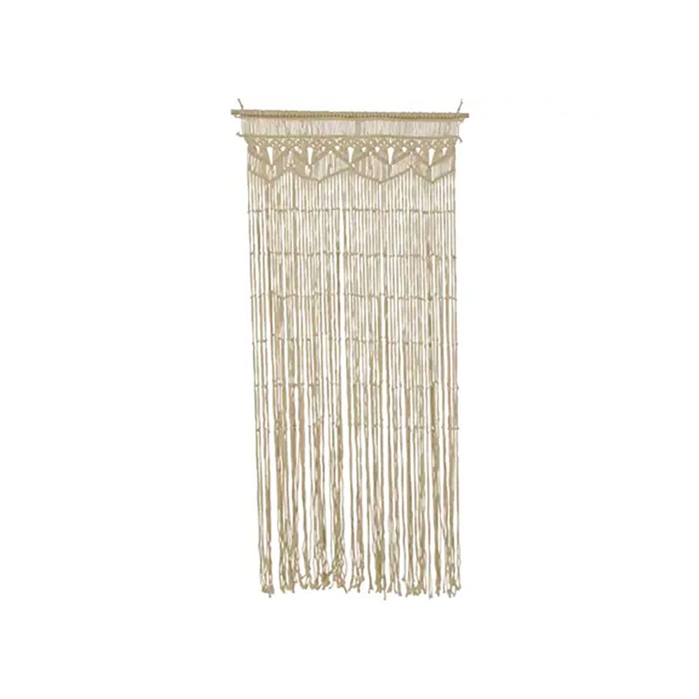 Cortina de macramé beige con barra de madera clara, para puerta, 90 x 200 cm