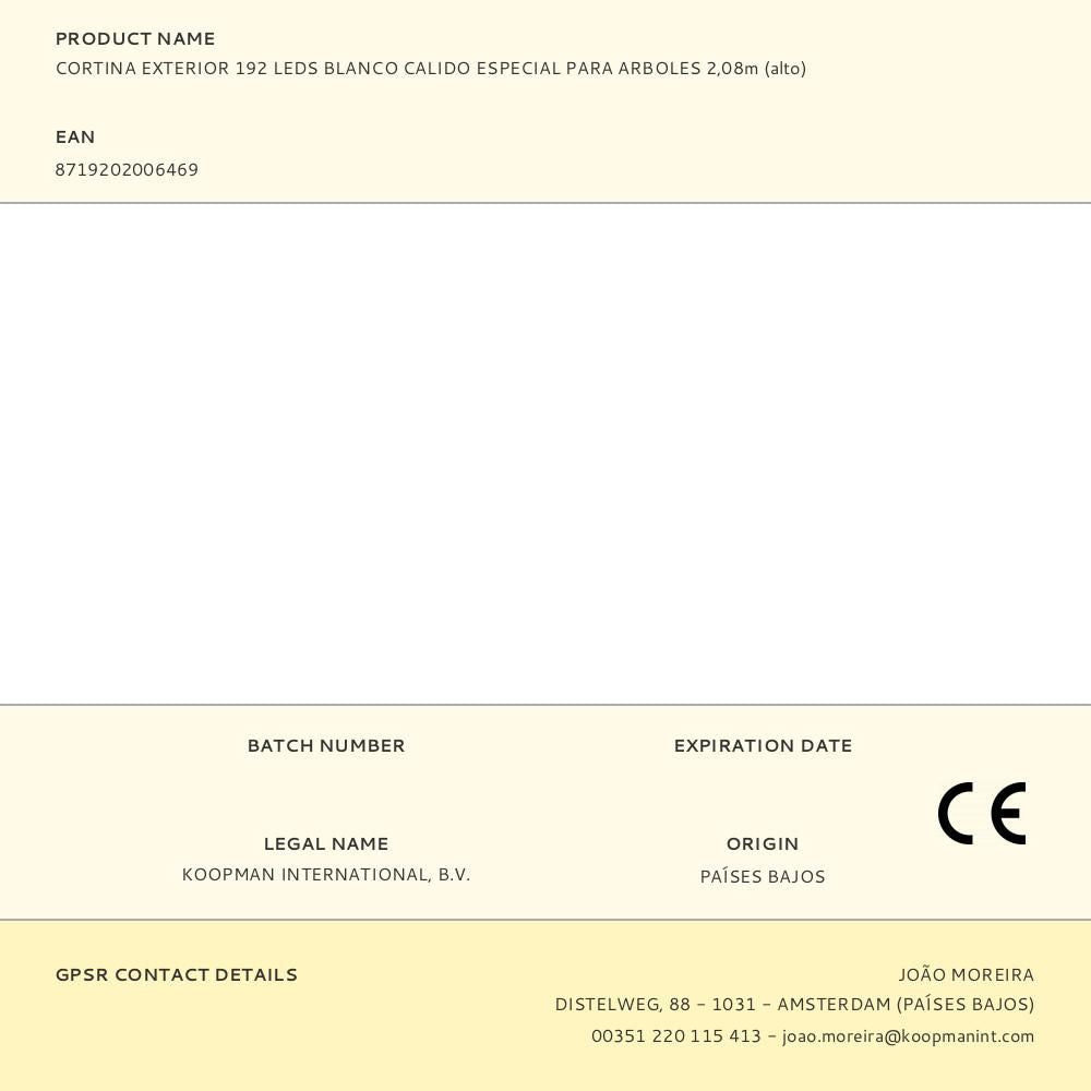 Cortina exterior, especial para arboles, blanco cálido, 192 leds, 2,08 m
