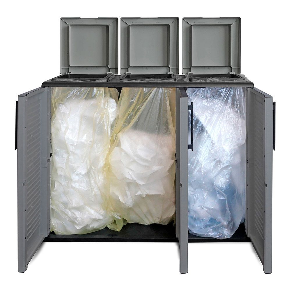 Armario bajo línea eco easy con reciclaje selectivo de 3 tapas, polipropileno, gris oscuro, 102 x 37 x 84 cm