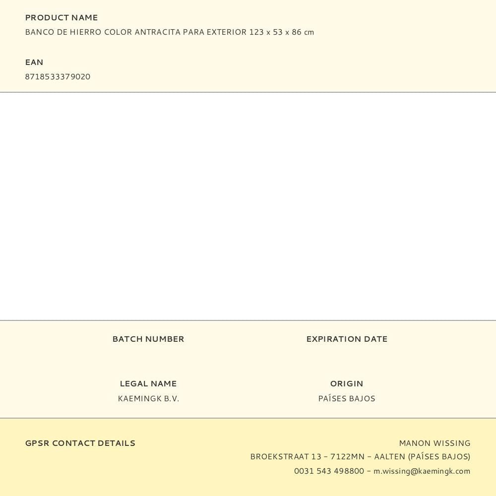 Banco de hierro para exterior, 123 x 53 x 86 cm, antracita