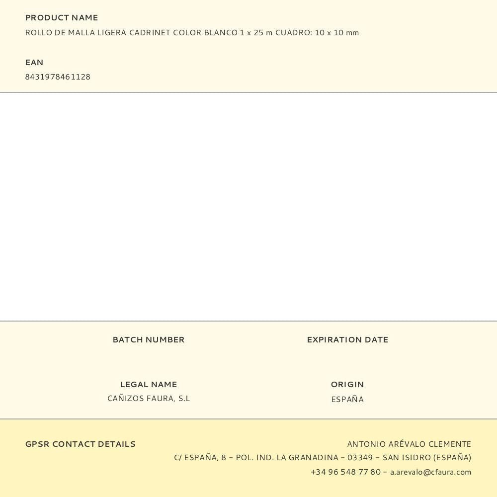 Rollo de malla ligera cadrinet cuadro 10 x 10 mm color blanco, 1 x 25 m