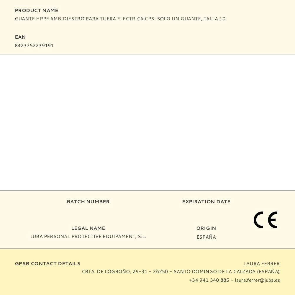 Guante hppe ambidiestro para tijera eléctrica cps, solo un guante, t-10