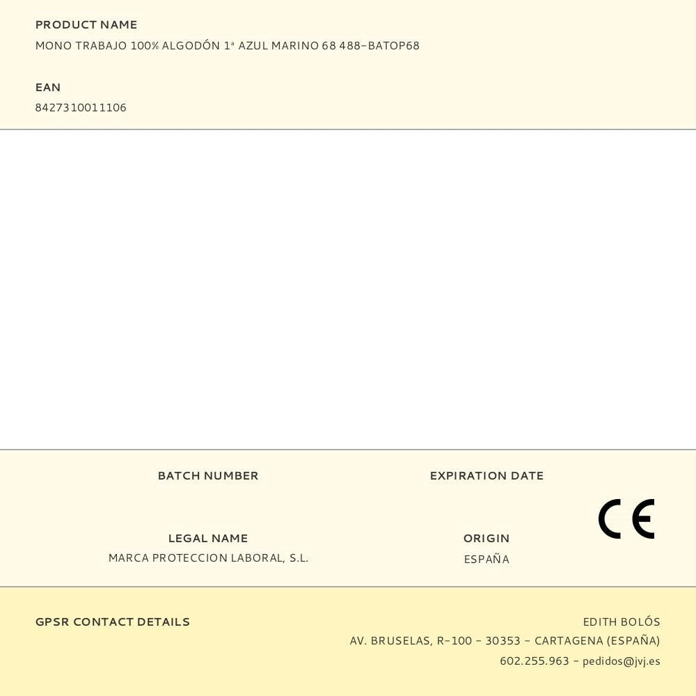 Mono trabajo 100% algodón 1ª azul marino 68 488-batop68