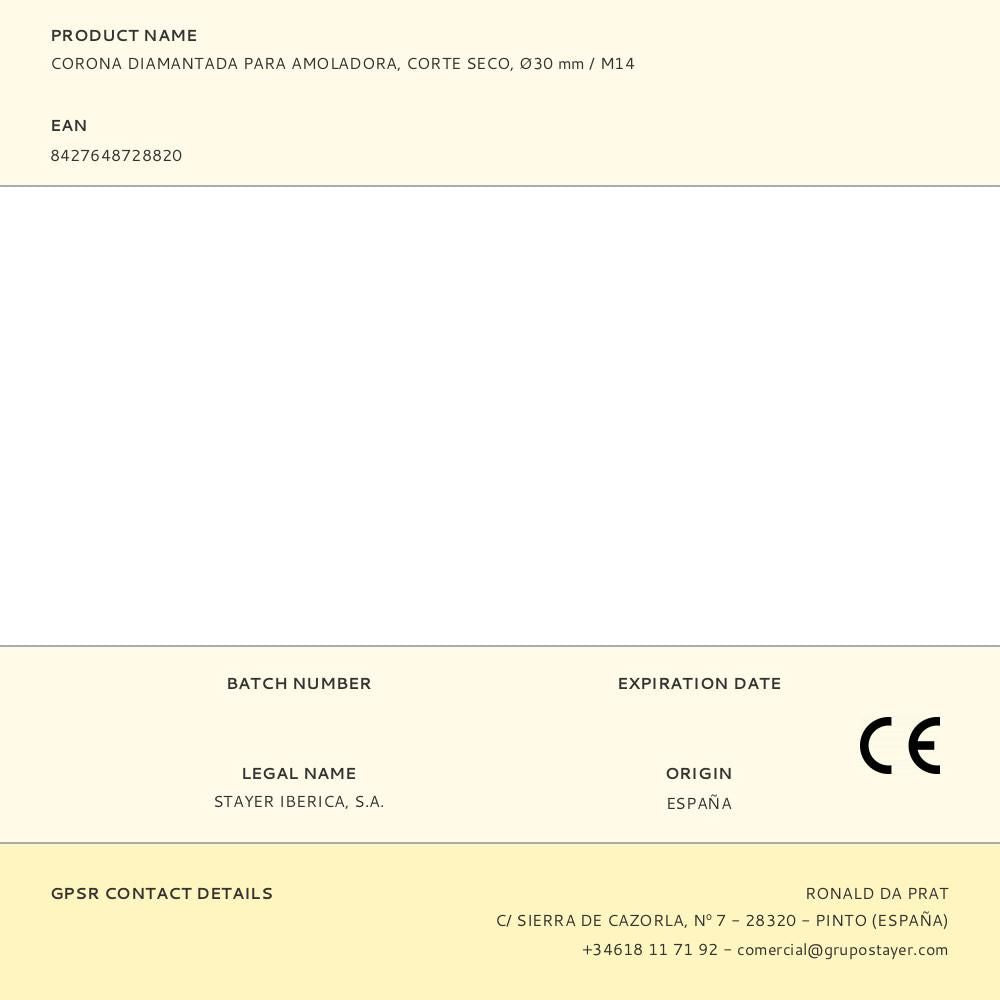 Corona diamantada para amoladora, corte seco, ø30 mm / m14