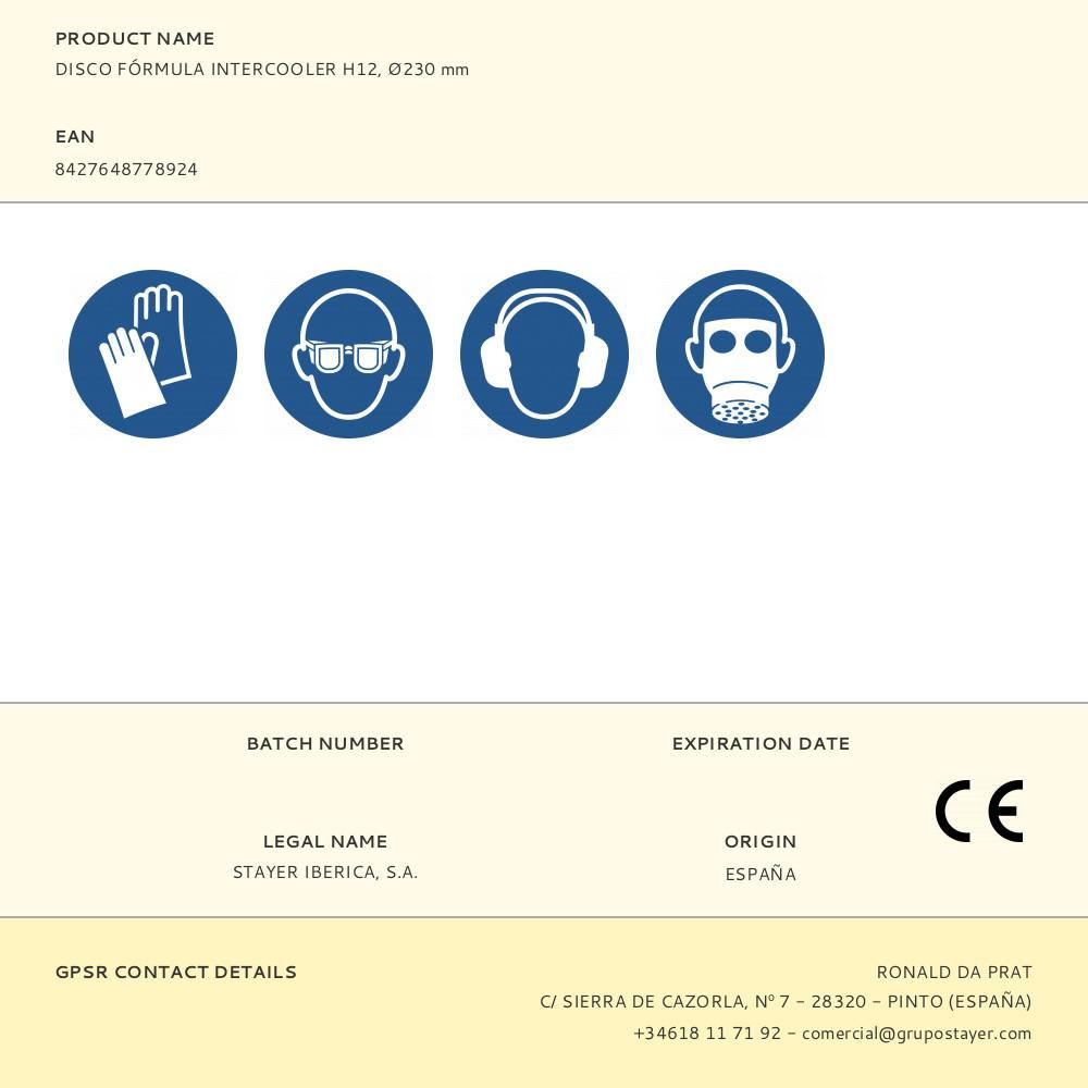 Disco fórmula intercooler h12 mm, ø230 x 22,2 mm