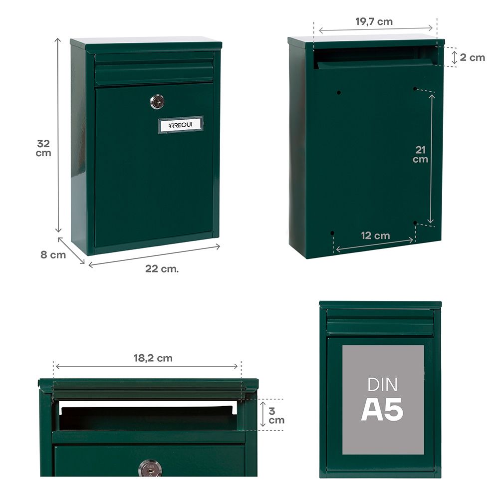 Buzón individual exterior, pequeño, zaguán, acero, verde, 22 x 8 x 32 cm