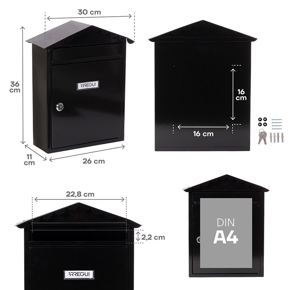 Buzón individual exterior, mediano, visit, acero, negro, 30 x 11 x 36 cm