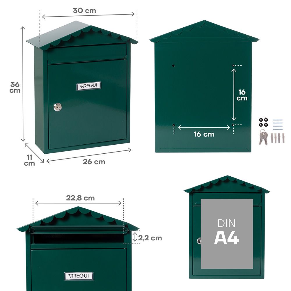 Buzón individual exterior, mediano, visit, acero, verde, 30 x 11 x 36 cm