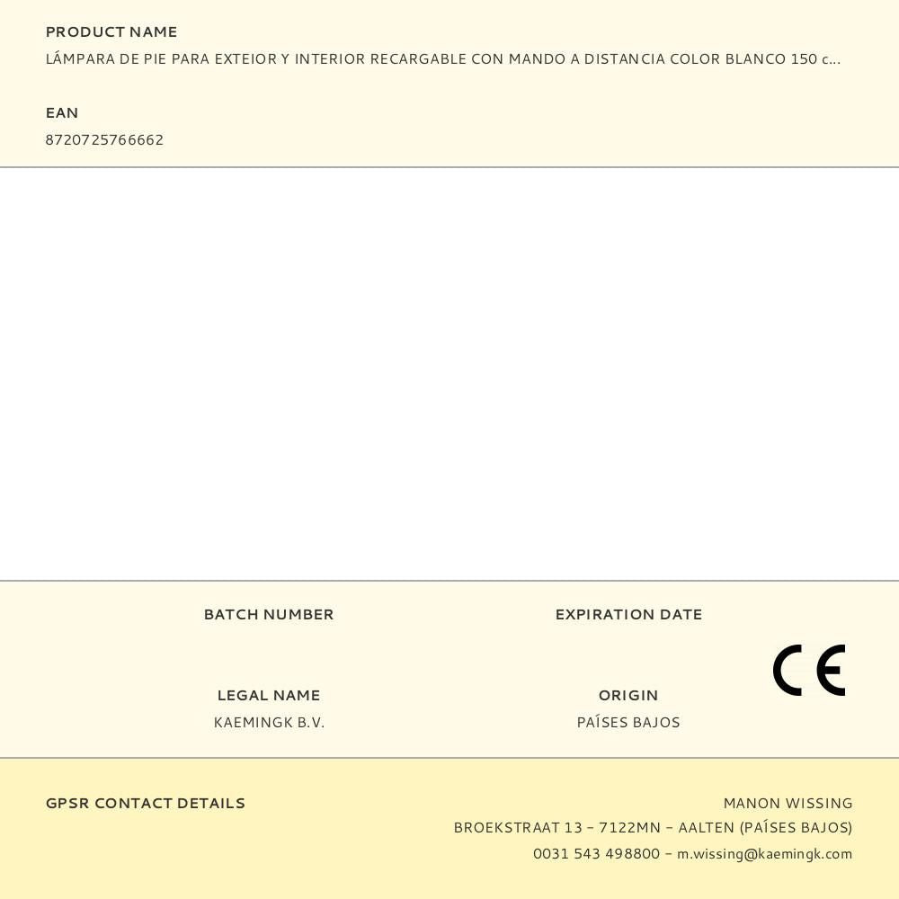 Lámpara de pie para exterior y interior recargable con mando a distancia color blanco 150 cm