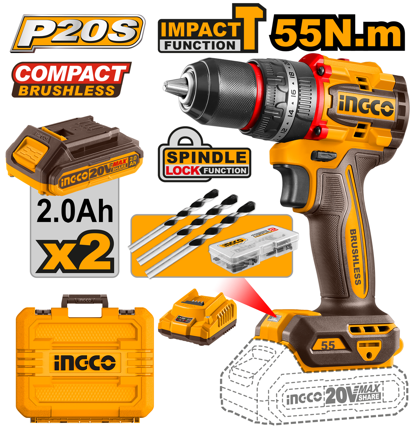 TALADRO DE IMPACTO BRUSHLESS 20V INGCO CIDLI20558E