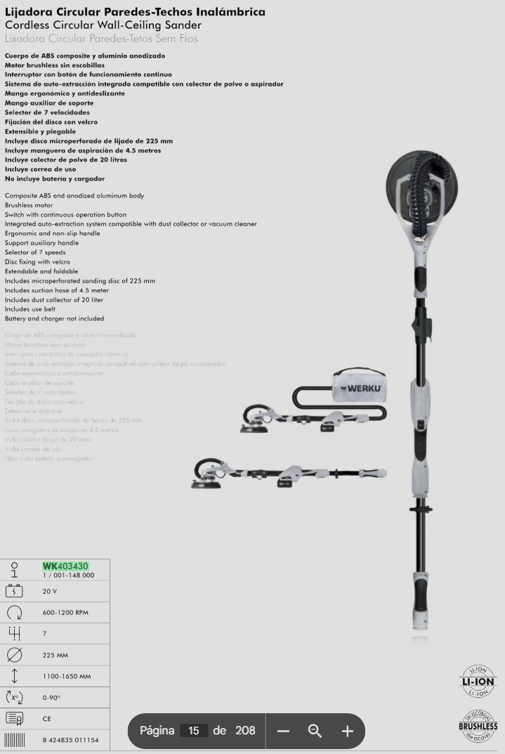 Werku WK403430 Lijadora Paredes y Techos Inalámbrica 20V 225mm Brushless