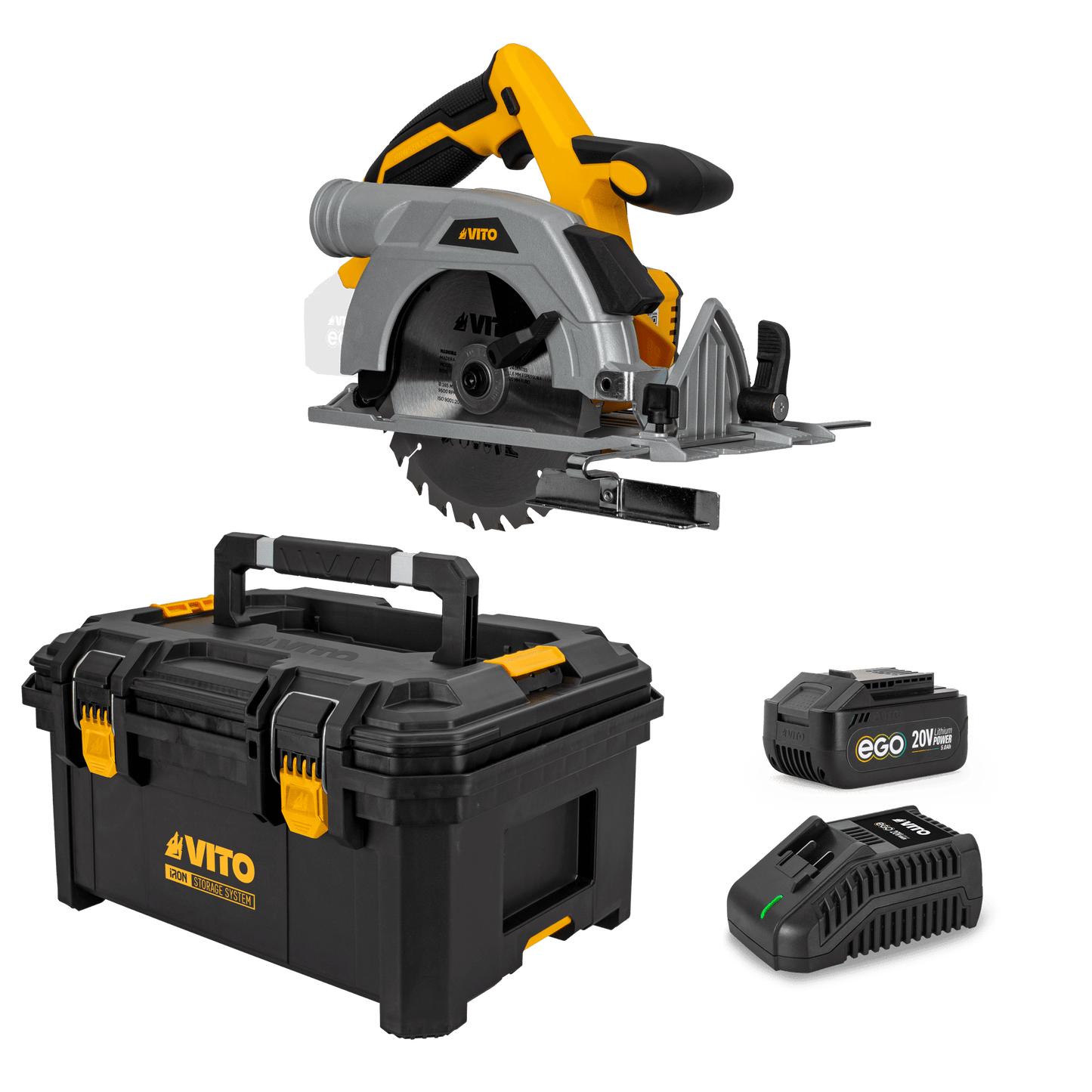 VITO Pack Ego Iron: Sierra Circular Brushless 165Mm, Cargador Rápido, Batería 5Ah, Caja De Herramientas Modular Media