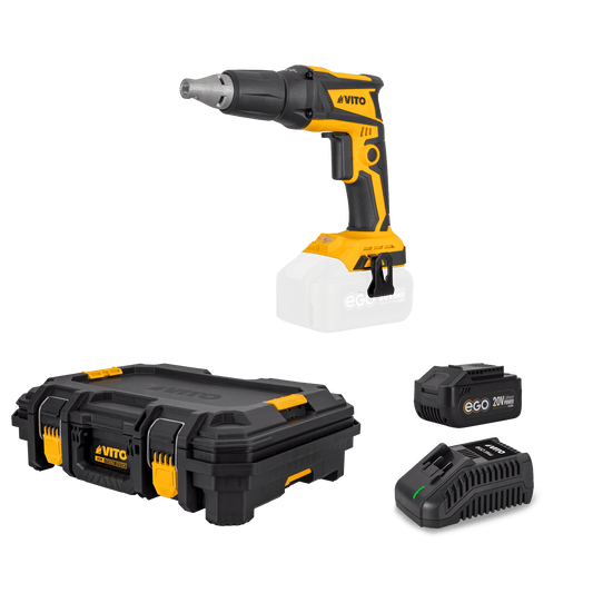 VITO Pack Ego Iron: Atornillador Para Placa De Yeso Brushless 20V, Batería 4Ah, Cargador Rápido, Caja De Herramientas Modula