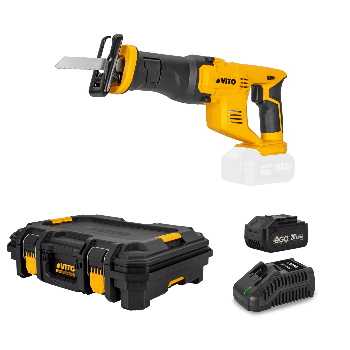 VITO Pack Ego Iron: Sierra De Sable 20V, Cargador Rápido, Batería 4Ah, Caja De Herramientas Modular Top