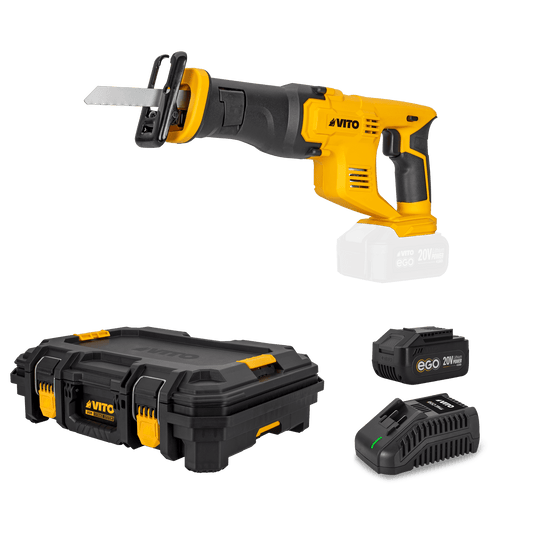 VITO Pack Ego Iron: Sierra De Sable 20V, Cargador Rápido, Batería 4Ah, Caja De Herramientas Modular Top