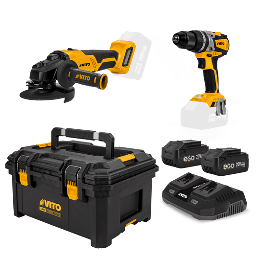 VITO Pack Ego Iron: Taladro, Amoladora 115Mm, 2X Baterías 4Ah, Cargador Rápido Doble, Caja De Herramientas Modular Media