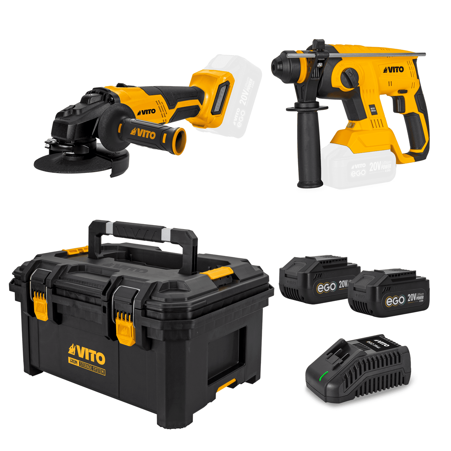 VITO Pack Ego Iron: Martillo Perforador, Amoladora 125Mm, Cargador Rápido, 2X Baterías 4/6Ah, Caja De Herramientas Modular M