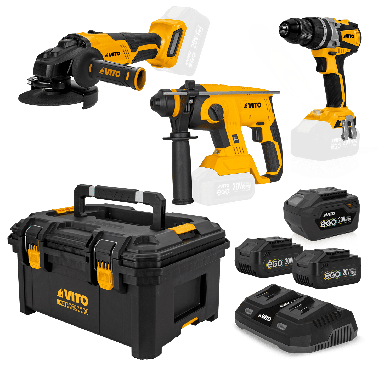 VITO Pack Ego Iron: Taladro, Amoladora 115Mm, Martillo Perforador, 3X Baterías 4/6Ah, Cargador Doble, Cj De Herramientas Mod