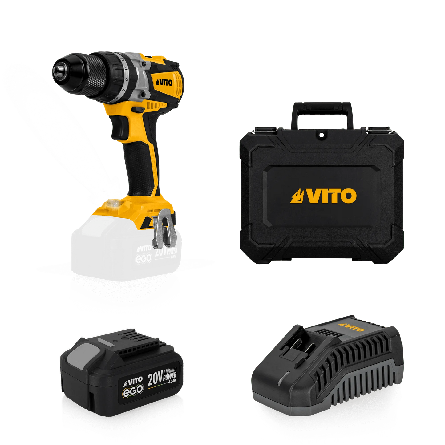 Taladro brushless EGO 20V, con batería, cargador y caja BMC