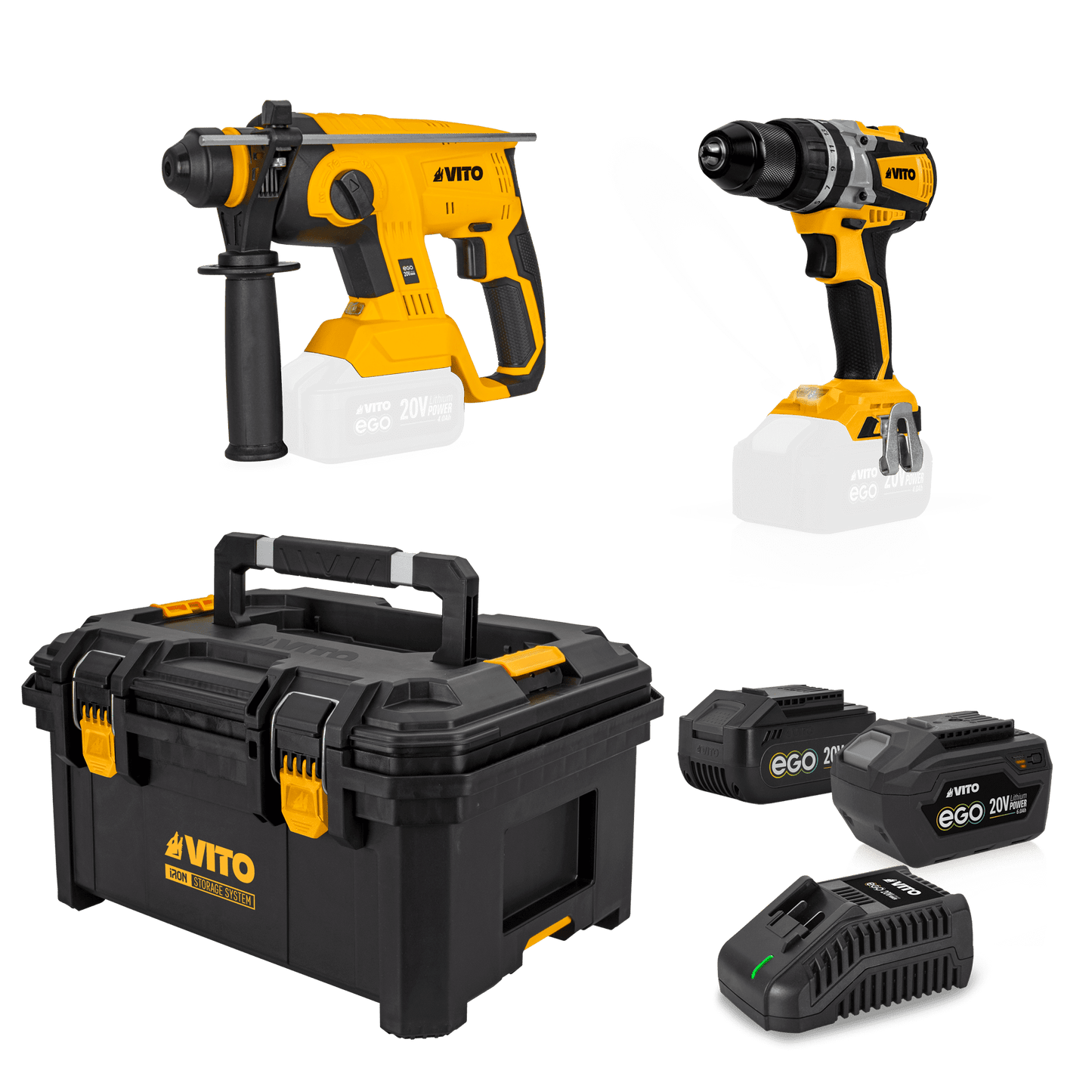 VITO Pack Ego Iron: Martillo Perforador, Taladro, Cargador Rápido, 2X Baterías 4/6Ah, Caja De Herramientas Modular Media