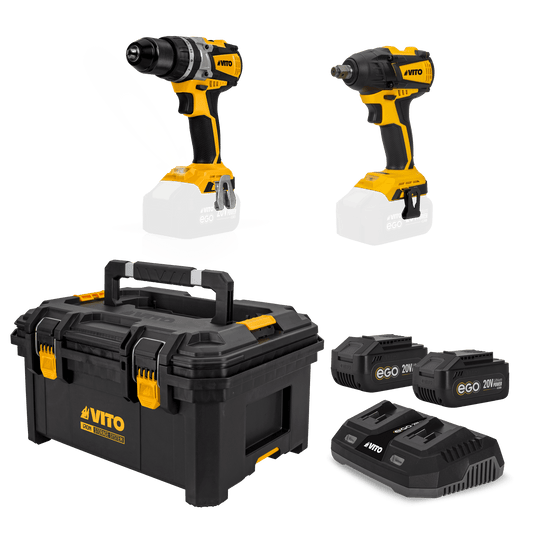 VITO Pack Ego Iron: Taladro, Llave De Impacto, Cargador Rápido Doble, 2X Baterías 4/5Ah, Caja De Herramientas Modular Media