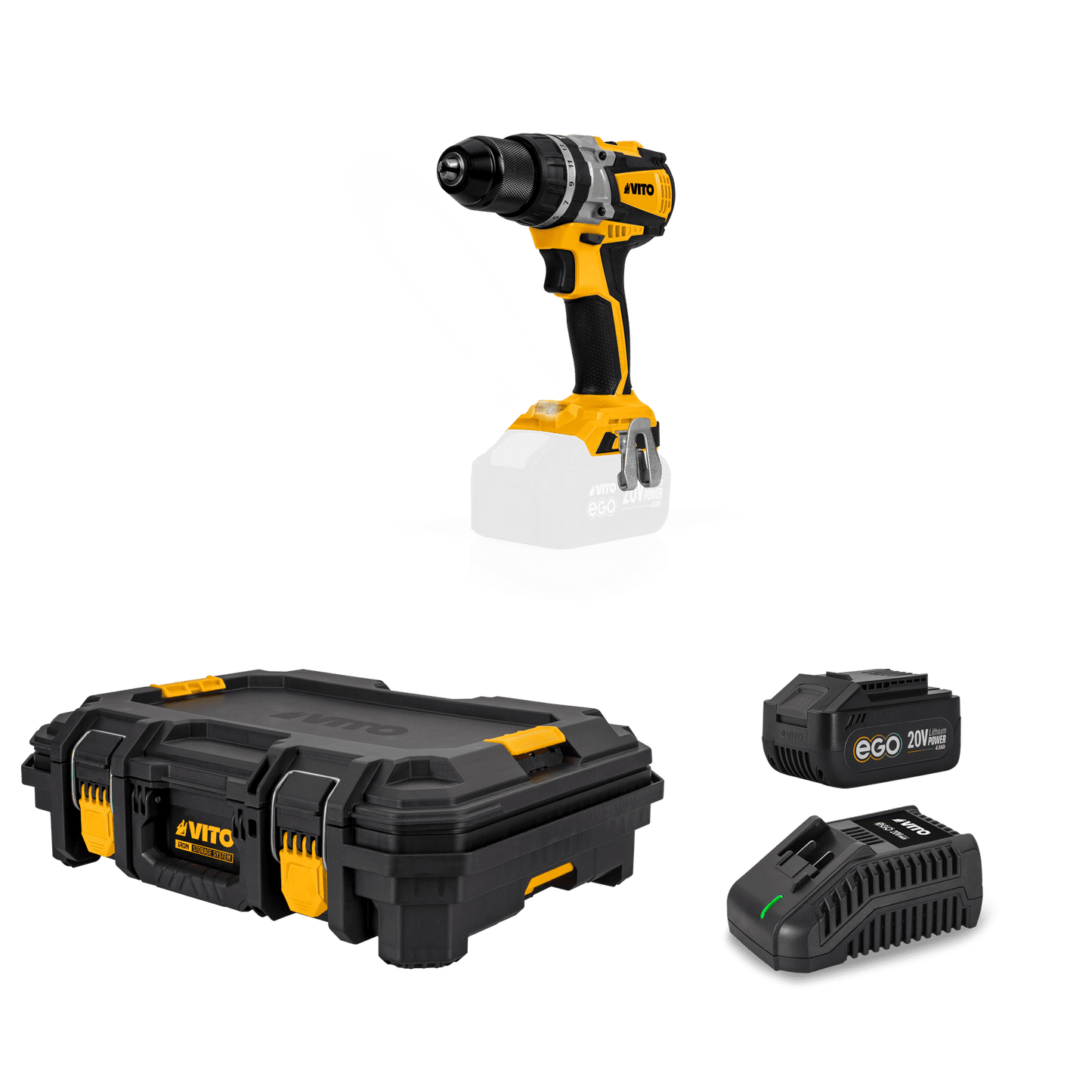 VITO Pack Ego Iron: Taladro Brushless 20V, Cargador Rápido, Batería 4Ah, Caja De Herramientas Modular Top