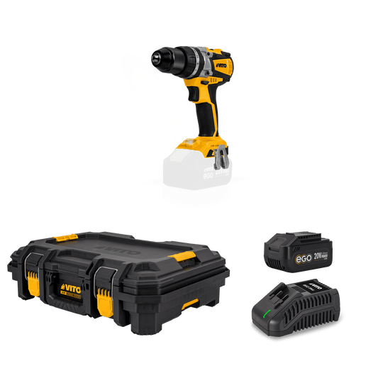 VITO Pack Ego Iron: Taladro Brushless 20V, Cargador Rápido, Batería 4Ah, Caja De Herramientas Modular Top
