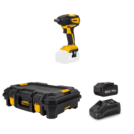 VITO Pack Ego Iron: Llave De Impacto Brushless 20V, Cargador Rápido, Batería 4Ah, Caja De Herramientas Modular Top