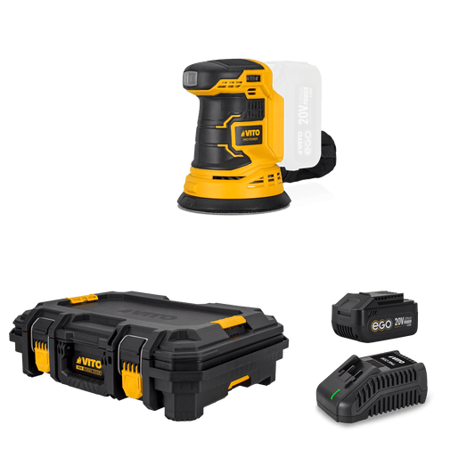 VITO Pack Ego Iron: Lijadora Orbital 20V, Cargador Rápido, Batería 4Ah, Caja De Herramientas Modular Top