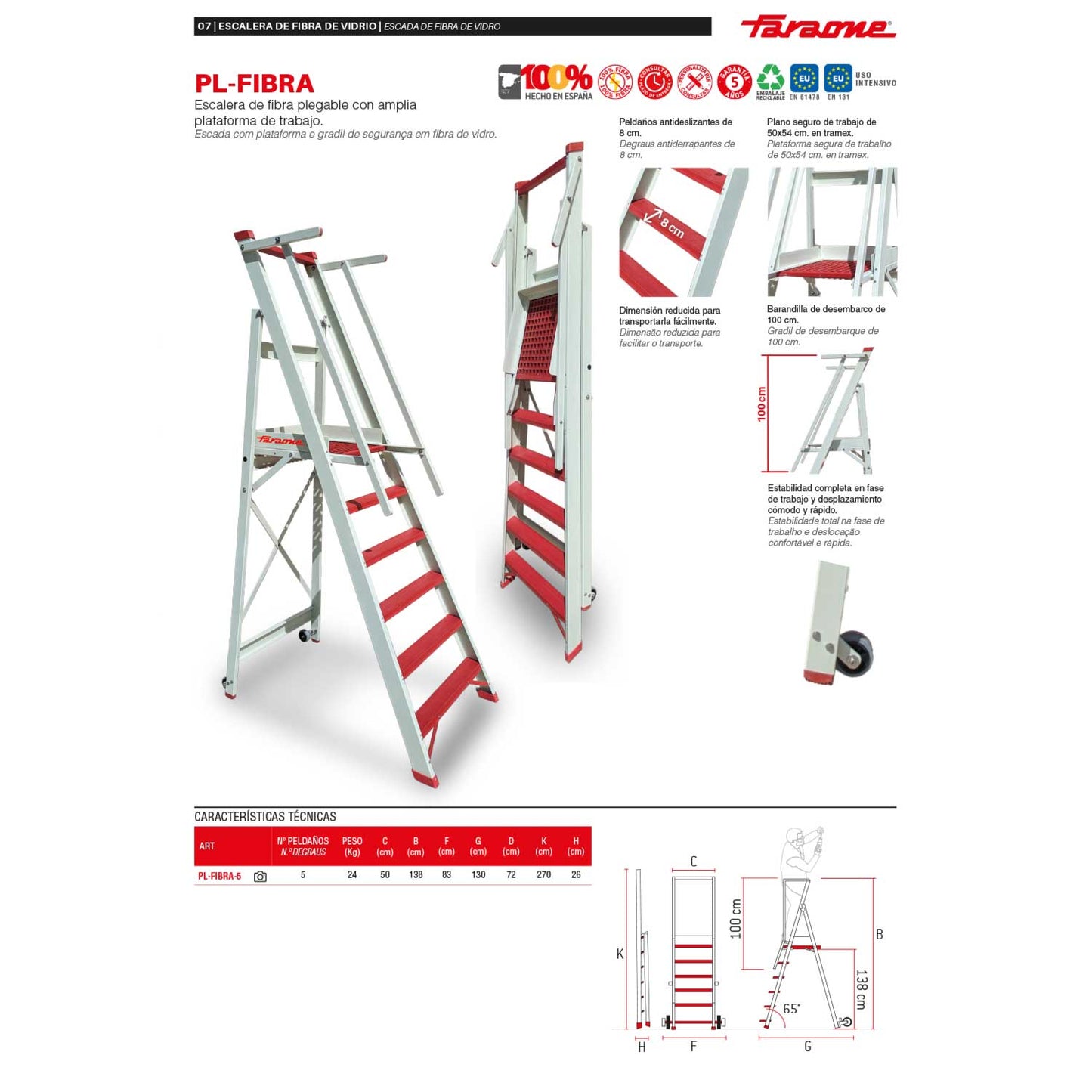 PL-FIBRA | Escalera de fibra con amplia plataforma