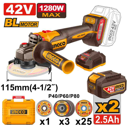 Amoladora 1080W 42 V 115mm * Incluye Cargador/bat 2,5 Ah INGCO