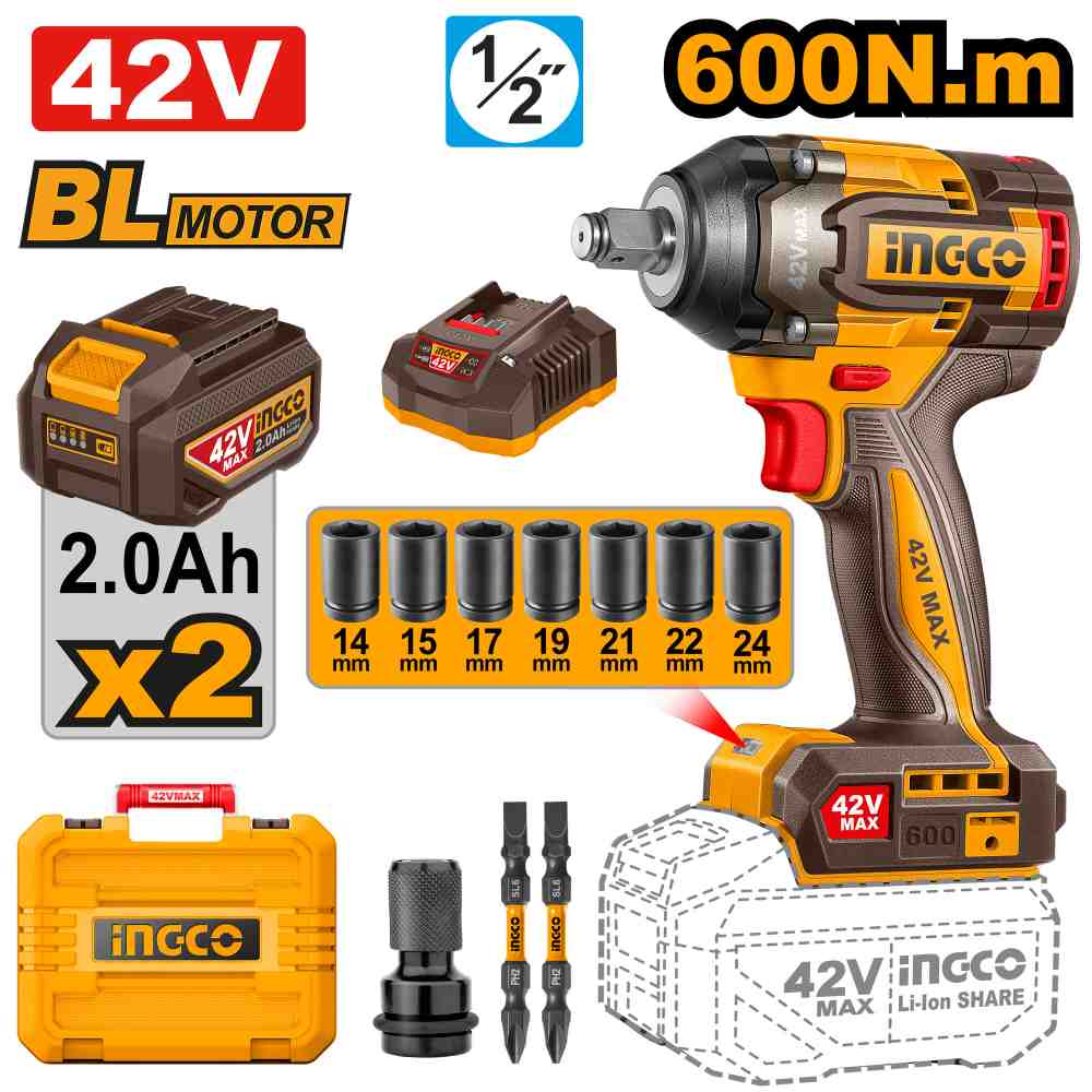 Llave de Impacto 600 Nm 42 V INGCO
